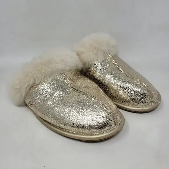 UGG Slippers Womens Scuffette II Gold Metallic Sparkle Fur Lining Comfy  Warm